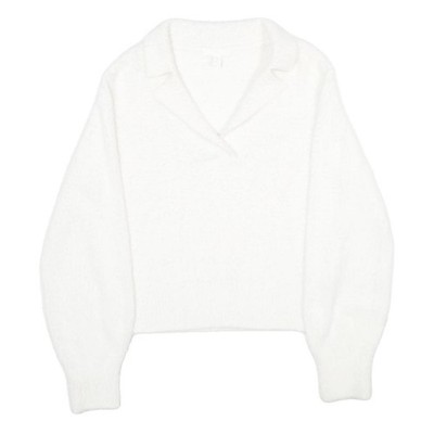 H&M Damen weißer unifarbener Pullover Kragen Basic Strick S weich bequem stylisch