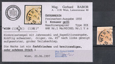 ÖSTERREICH MiNr. 1 Ya - ANK 1 Ma, 1 Kreuzer "gelb" Type III, BABOR VÖB