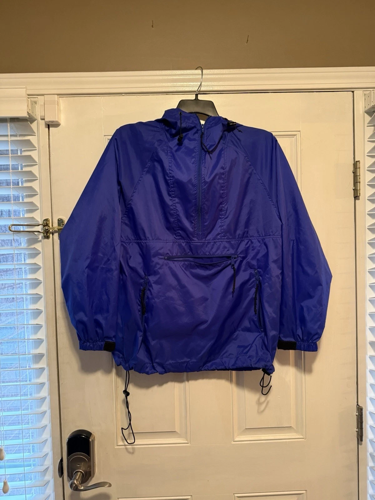 REI Men's Windbreaker Jacket Blue, Hooded, Multi-Pocket, Half Zip, Nylon, Adjust