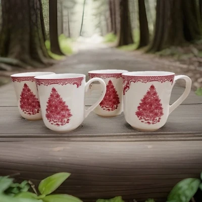 JOHNSON BROTHERS Johnson Bros Old Britain Castles Pink Christmas Tree Mugs Set of 4