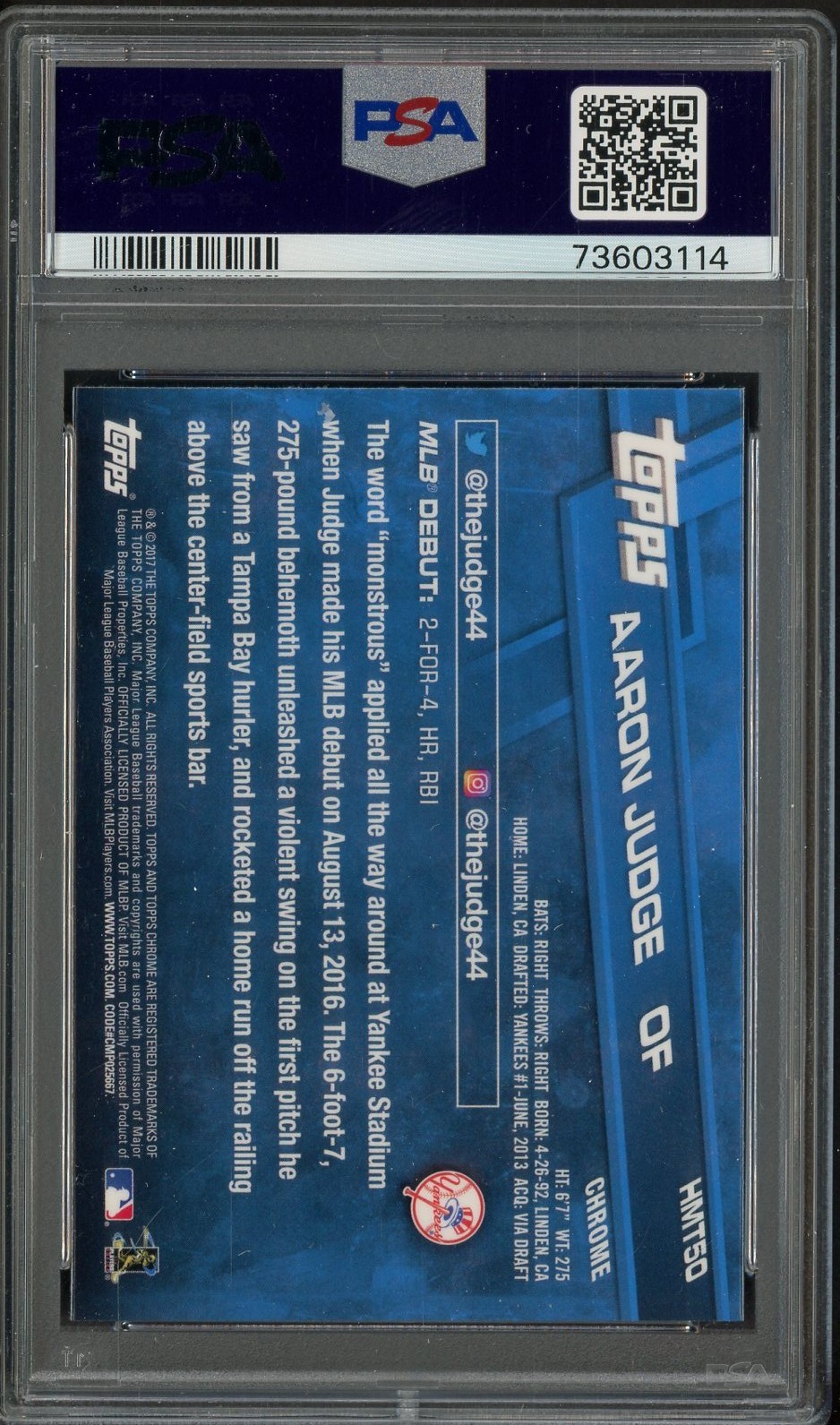 #5 2017 Topps Chrome Update #HMT50 Aaron Judge Yankees RC Rookie PSA 10 GEM MINT view 2