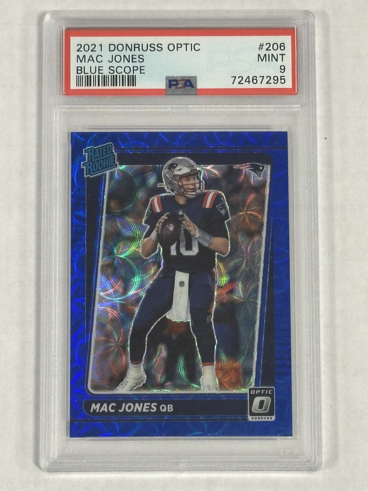2021 MAC JONES Panini Donruss Optic BLUE SCOPE PRIZM Rated Rookie PSA 9 RC #206