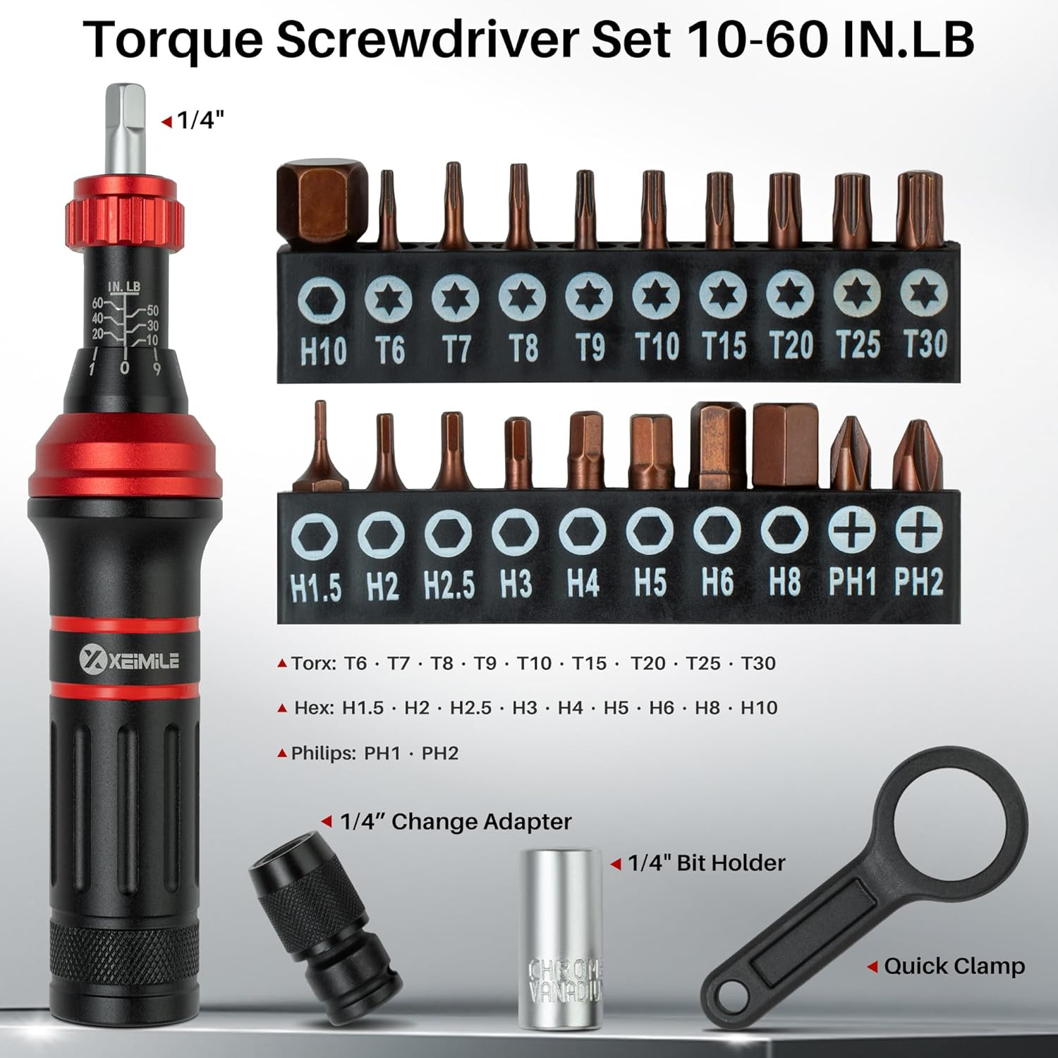 Torque Screwdriver 10-60 In.Lb, Inch Pound Torque Screwdriver Set with 1/4" Bit 