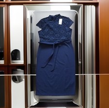 Lipsy Navy Blue Dress Size 12 Lace Insert High Neck Midi Bodycon Belted New