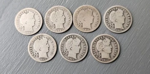 1899-1914 Barber Silver Dimes 90% Silver, Lot Of 7 Circulated With Wear