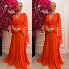Orange V Neck Chiffon Mother of The Bride Dresses Formal Wedding Evening Gowns
