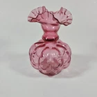 Vintage Fenton Glass Cranberry Pink Melon Vase Optic Bubble Ruffle 5.5 Inches