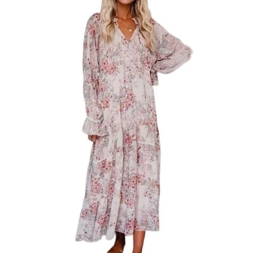 Vici x Fate Maxi Dress Women's Size Medium Beige Countryside Boho Floral Tiered - Picture 14 of 14
