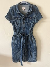 Guess Stella Blue Tropical Print  Denim Mini Dress Belted Short Sleeve Size L