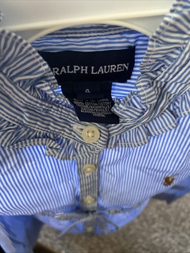 VTG Ralph Lauren Girl Blue/White Stripe Ruffle Button-Down Top 100% Cotton - Picture 4 of 4