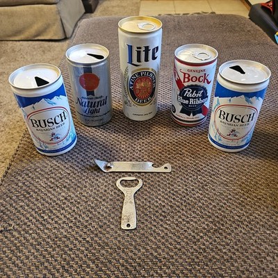 Empty Vtg PABST Blue Ribbon, Miller High Life Bottle Openers+5 Vtg Pull Top Cans