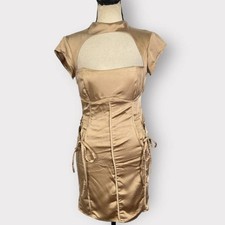 ASOS DESIGN Mini Dress Women's 4 Gold Satin High Neck Seamed Lace-Up NWT