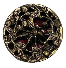 Antique Open Work Metal Insect Button Red Interior