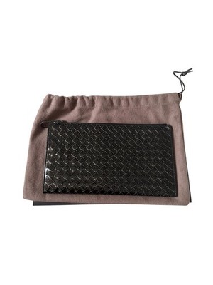 BOTTEGA VENETA Intrecciato Black Leather Zip Clutch Pouch with Box
