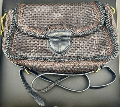 Prada Woven Madras Leather Crossbody Shoulder Bag Brown Black Gold