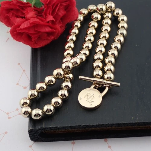 Vintage RLL Ralph Lauren 17" Lock Clasp Gold Tone Bead On Chain Toggle Necklace