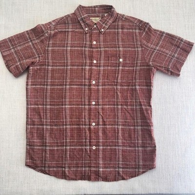 Weatherproof Vintage Mens Large Red Plaid Washable Linen Short Sleeve Shirt