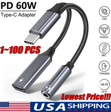 2 in 1 Type-C USB C to 3.5mm AUX Audio Headphone Jack Adapter Charger Cable LOT