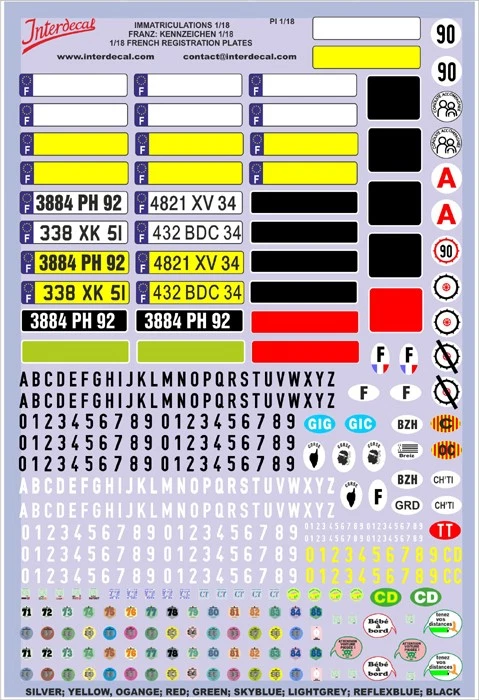 Plaques immatriculations francais 1/18 Décalcomanies 170x120mm INTERDECAL - Photo 1/1