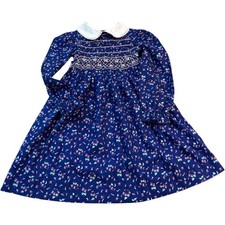 Polly Flinders Girls Dress Size 6 Smocked Floral Blue Cotton Long Sleeve