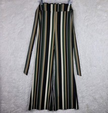 Vtg Womens S Green Striped Belted Pants Bell Bottom Festival Hippie Boho Flare