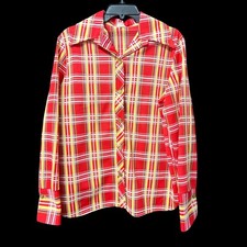 Vtg 70s Button Up Shirt Women XL Plaid Disco Retro Granny Long Sleeve UNION MADE