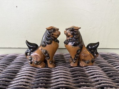 2 X Pair Vintage MCM 60s 70s Foo Dogs Brown Pottery Figurines Small