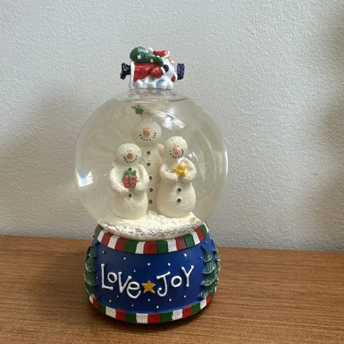 Snowmen Christmas Snow Globe Plays Jingle Bells Blue Love Joy Peace