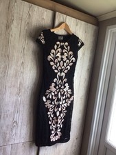 PHASE EIGHT Lace TAPE Work BLACK CREAM BEIGE Body Con DRESS Size 8 Fully Lined