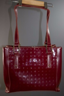 Arcadia Womens Large Red Logo Embossed Monogram Genuine Patent Leather Hand Bag
