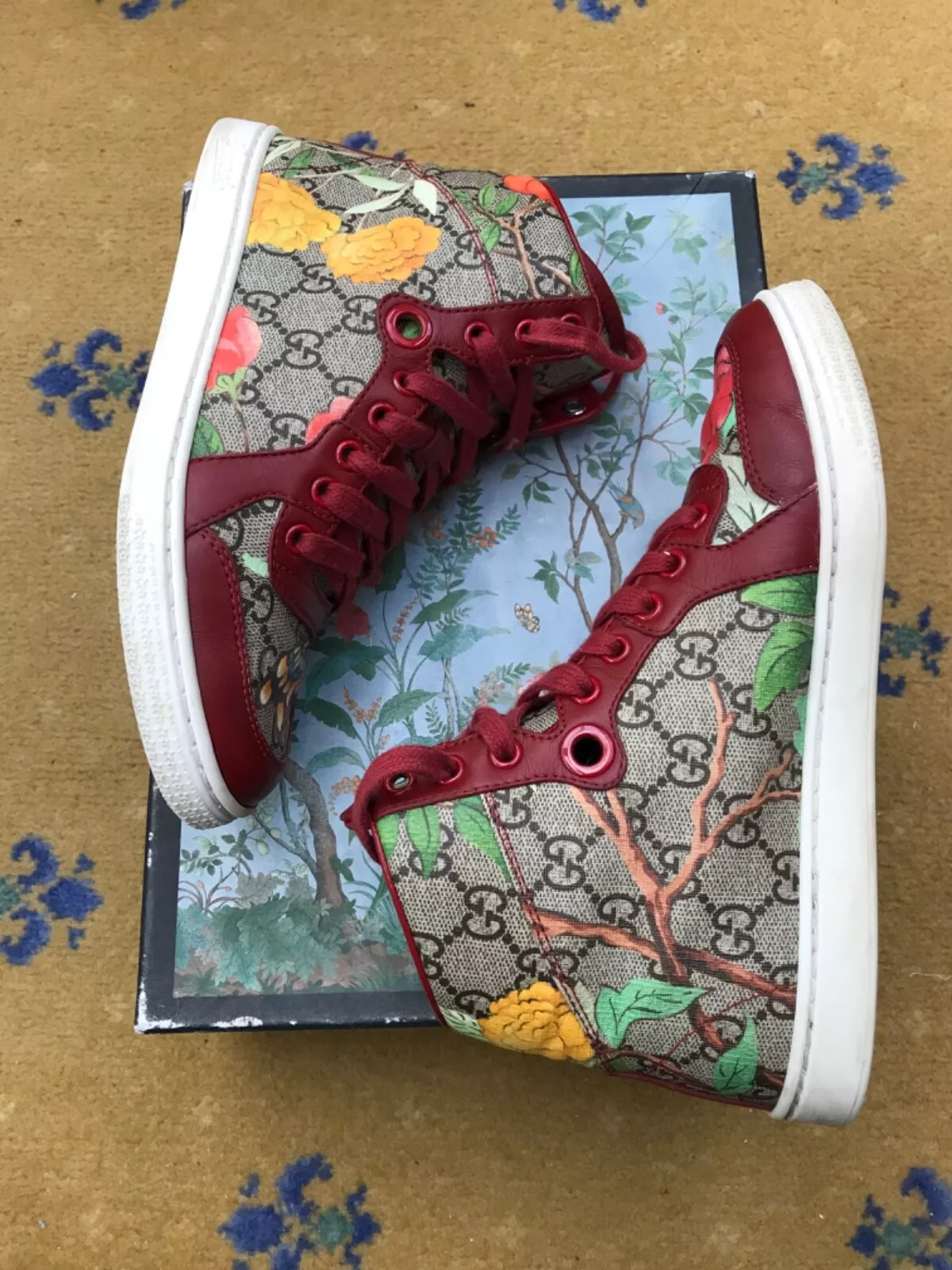 Gucci Trainer Baskets Chaussures Haut Tian Floral Toile UK 1,5 US 4,5 34,5 Femmes