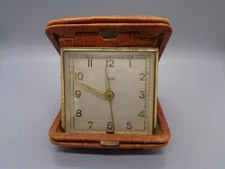 Vintage Chix Wind Up Travel Alarm Clock Leather Brown Beige Case Gold Tone