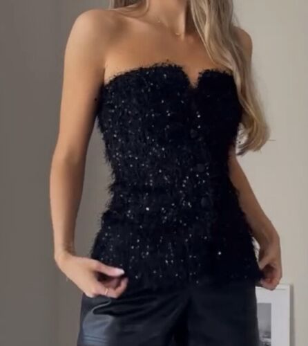 Zara Fringed Sequin Black Bustier Top Small Size - Picture 6 of 6