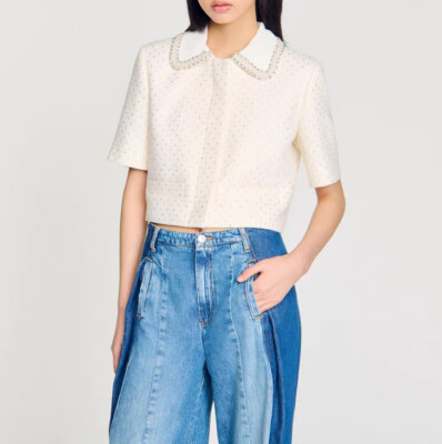 Women Sandro Collared Rhinestone Embellished Short Sleeve Coat Top