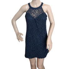 Monteau Mini Dress Women's Large Blue Geometric Above The Knee Floral Keyhole