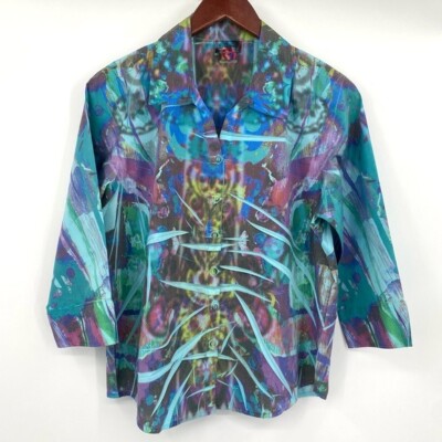 Y2K Distinct Top Women s Small Sublimation Art to Wear Button Up Collared Artsy