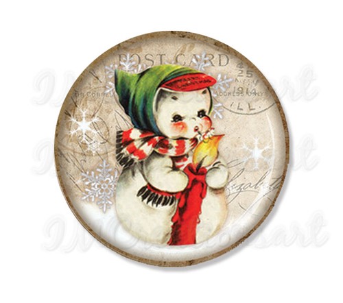 Snowman Blowing out Candle Handmade Pocket Mirror, Magnet, or Pinback 2.25" - Picture 1 of 4