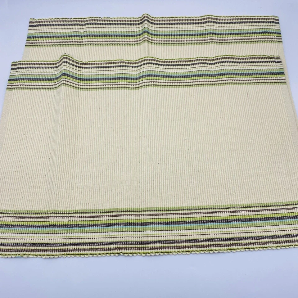 Vintage Beige placemats with brown Green Stripes Set 2 - Image 2 of 4
