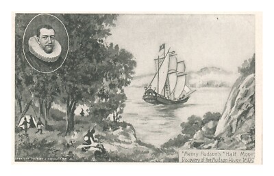 Postcard B&W Painting Portrait Ship People Half Moon Discovery Hudson River