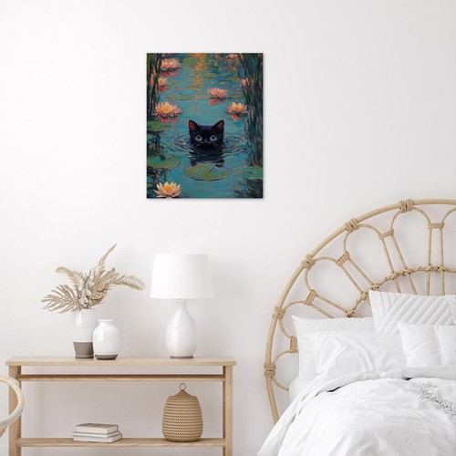 Arte de pared abstracto floral de lirio de agua rosa gato negro para baño sala de estar - Imagen 10 de 15