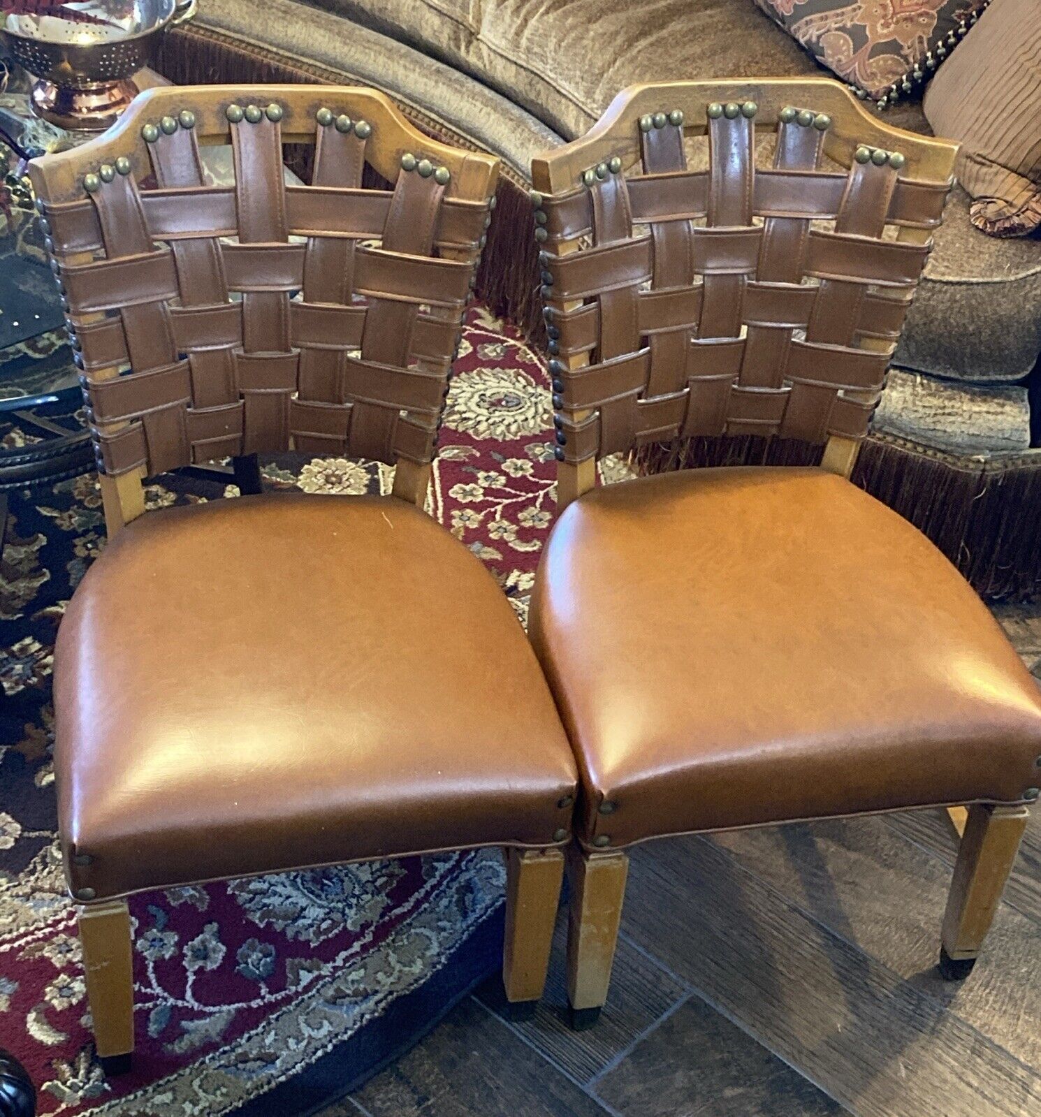 Vintage 2 Luby‘s Shelby Williams Chairs With Cushion Seats & Woven Leather Back