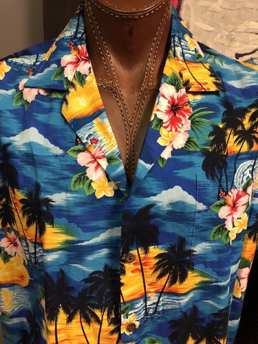 Camisa hawaiana leyenda del Pacífico ropa extra grande palmeras floral puesta de sol - Imagen 3 de 10