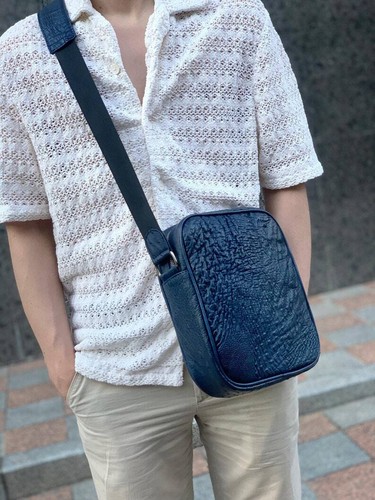 Mens Handbag Ostrich Leather Pouch Crossbody Shoulder Bag Luxury Blue Messenger - Picture 7 of 9
