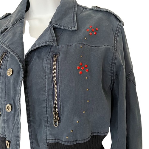Vtg Y2K Silver Jeans Denim Jacket Stretch Fit Rhinestone Epaulet Womens M Sample - Picture 3 of 19