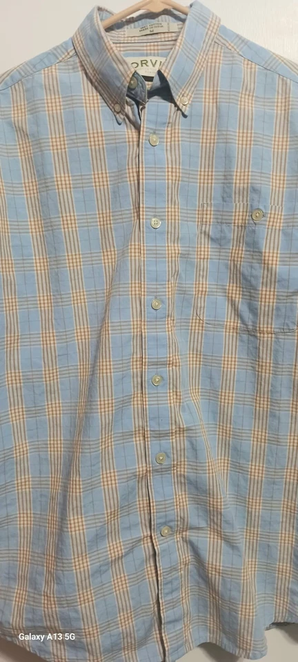 Ovris Mens Medium Shirt Short Sleeve Button Down Blue Gold White Plaid Cotton - Imagem 4 de 4