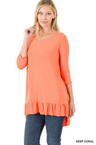 Zenana Women's Round Neck Short or 3/4 Sleeve High Low Ruffle Hem Rayon Top - Picture 8 of 16