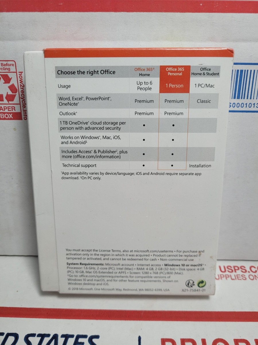 Microsoft Office 365 Personal - 1 Year Box Product Key Card Microsoft Office 365 Personal - 1 Year Box Product Key Card
