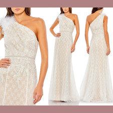 NEW Mac Duggal [ 8 ] 11317 Lace Embellishe Feather One Shoulder Gown IVORY J1219