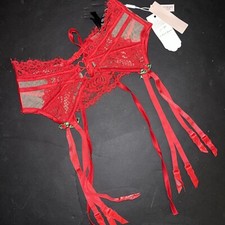 NWT For LOVE LEMONS XS GARTER belt Red ROSA ROSE applique lace Mesh Heart Green