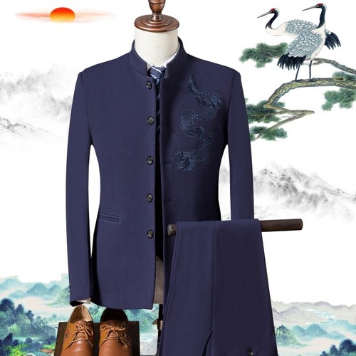 Mens Suit Chinese Style Embroidered Slim-fit Zhongshan Korean Performance Casual - Picture 30 of 39